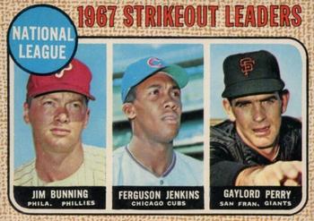 1968 O-Pee-Chee #11 National League 1967 Strikeout Leaders (Jim Bunning / Ferguson Jenkins / Gaylord Perry) Front