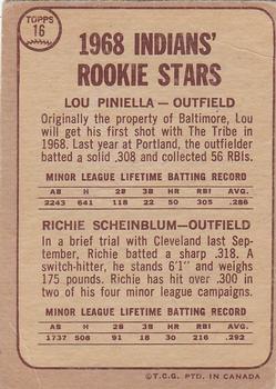 1968 O-Pee-Chee #16 Indians 1968 Rookie Stars (Lou Piniella / Richie Scheinblum) Back