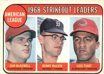1969 O-Pee-Chee #11 American League 1968 Strikeout Leaders (Sam McDowell / Denny McLain / Luis Tiant) Front