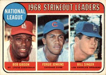 1969 O-Pee-Chee #12 National League 1968 Strikeout Leaders (Bob Gibson / Fergie Jenkins / Bill Singer) Front