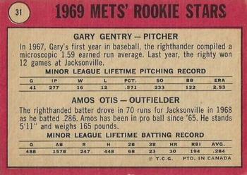 1969 O-Pee-Chee #31 Mets 1969 Rookie Stars (Gary Gentry / Amos Otis) Back
