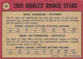 1969 O-Pee-Chee #66 Orioles 1969 Rookie Stars (Mike Adamson / Merv Rettenmund) Back