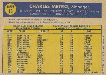 1970 O-Pee-Chee #16 Charlie Metro Back