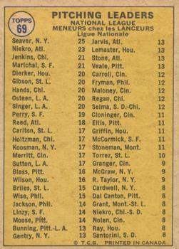 1970 O-Pee-Chee #69 1969 National League Pitching Leaders (Tom Seaver / Phil Niekro / Fergie Jenkins / Juan Marichal) Back