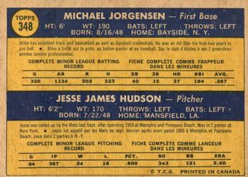 1970 O-Pee-Chee #348 Mets 1970 Rookie Stars (Mike Jorgensen / Jesse Hudson) Back
