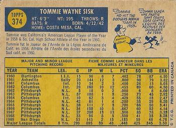 1970 O-Pee-Chee #374 Tommie Sisk Back