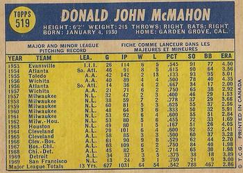 1970 O-Pee-Chee #519 Don McMahon Back