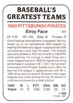 1987 TCMA 1960 Pittsburgh Pirates #7 Elroy Face Back