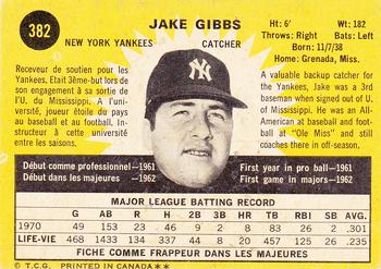 1971 O-Pee-Chee #382 Jake Gibbs Back