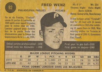 1971 O-Pee-Chee #92 Fred Wenz Back