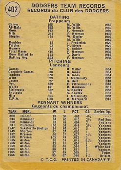 1971 O-Pee-Chee #402 Los Angeles Dodgers Back