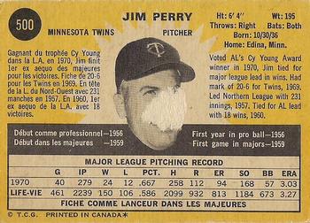 1971 O-Pee-Chee #500 Jim Perry Back