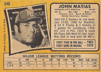 1971 O-Pee-Chee #546 John Matias Back