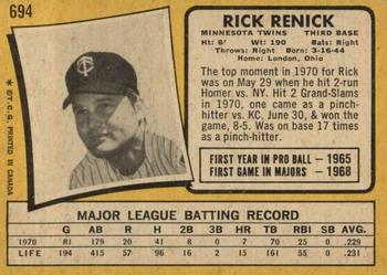 1971 O-Pee-Chee #694 Rick Renick Back