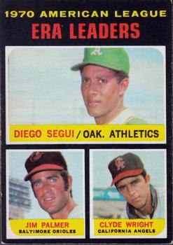 1971 O-Pee-Chee #67 1970 American League ERA Leaders (Diego Segui / Jim Palmer / Clyde Wright) Front