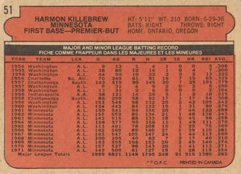 1972 O-Pee-Chee #51 Harmon Killebrew Back