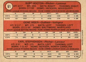 1972 O-Pee-Chee #61 Cubs 1972 Rookie Stars (Burt Hooton / Gene Hiser / Earl Stephenson) Back