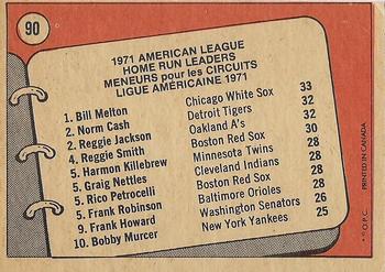 1972 O-Pee-Chee #90 1971 A.L. Home Run Leaders (Bill Melton / Norm Cash / Reggie Jackson) Back