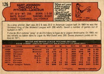 1972 O-Pee-Chee #126 Bart Johnson Back