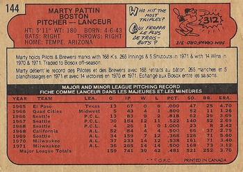 1972 O-Pee-Chee #144 Marty Pattin Back