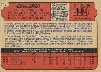 1972 O-Pee-Chee #147 Dave Kingman Back