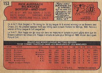1972 O-Pee-Chee #153 Rick Auerbach Back