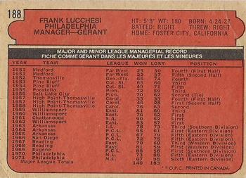 1972 O-Pee-Chee #188 Frank Lucchesi Back