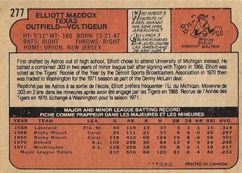 1972 O-Pee-Chee #277 Elliott Maddox Back