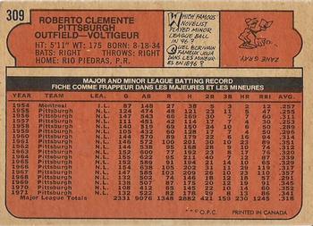 1972 O-Pee-Chee #309 Roberto Clemente Back