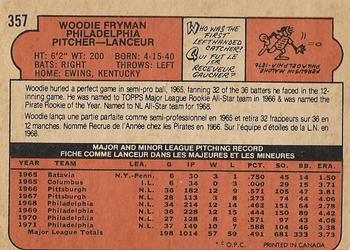 1972 O-Pee-Chee #357 Woodie Fryman Back