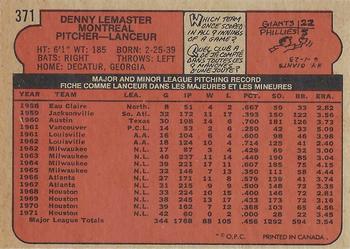 1972 O-Pee-Chee #371 Denny Lemaster Back