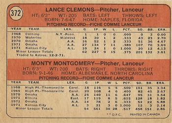 1972 O-Pee-Chee #372 Royals 1972 Rookie Stars (Lance Clemons / Monty Montgomery) Back