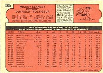 1972 O-Pee-Chee #385 Mickey Stanley Back