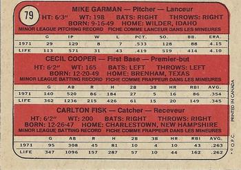 1972 O-Pee-Chee #79 Red Sox 1972 Rookie Stars (Mike Garman / Cecil Cooper / Carlton Fisk) Back