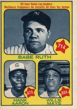 1973 O-Pee-Chee #1 All-Time HR Leaders - Hank Aaron / Babe Ruth / Willie Mays Front