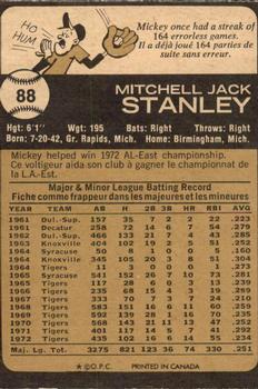 1973 O-Pee-Chee #88 Mickey Stanley Back
