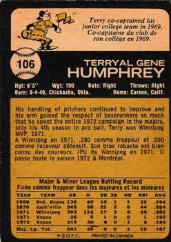 1973 O-Pee-Chee #106 Terry Humphrey Back