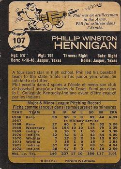 1973 O-Pee-Chee #107 Phil Hennigan Back