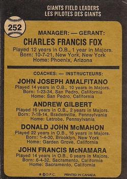 1973 O-Pee-Chee #252 Giants Field Leaders (Charlie Fox / Joe Amalfitano / Andy Gilbert / Don McMahon / John McNamara) Back