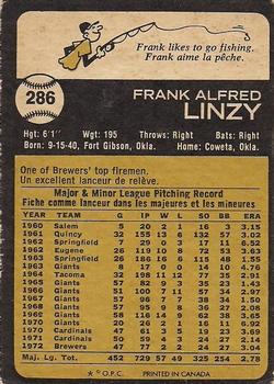 1973 O-Pee-Chee #286 Frank Linzy Back