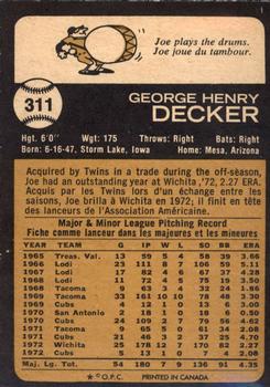 1973 O-Pee-Chee #311 Joe Decker Back