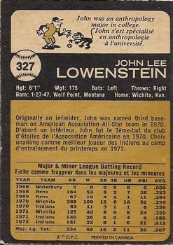 1973 O-Pee-Chee #327 John Lowenstein Back
