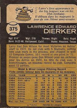 1973 O-Pee-Chee #375 Larry Dierker Back