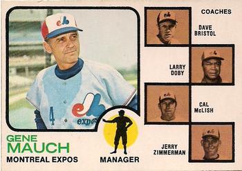 1973 O-Pee-Chee #377 Expos Field Leaders (Gene Mauch / Dave Bristol / Larry Doby / Cal McLish / Jerry Zimmerman) Front