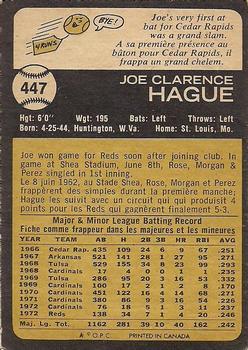 1973 O-Pee-Chee #447 Joe Hague Back