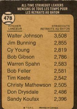 1973 O-Pee-Chee #478 The All-Time Strikeout Leader - Walter Johnson Back