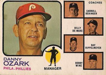 1973 O-Pee-Chee #486 Phillies Field Leaders (Danny Ozark / Carroll Beringer / Billy de Mars / Ray Rippelmeyer / Bobby Wine) Front