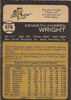 1973 O-Pee-Chee #578 Ken Wright Back
