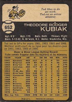 1973 O-Pee-Chee #652 Ted Kubiak Back