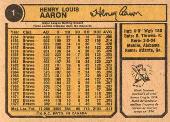 1974 O-Pee-Chee #1 Hank Aaron - New All-Time Home Run King Back